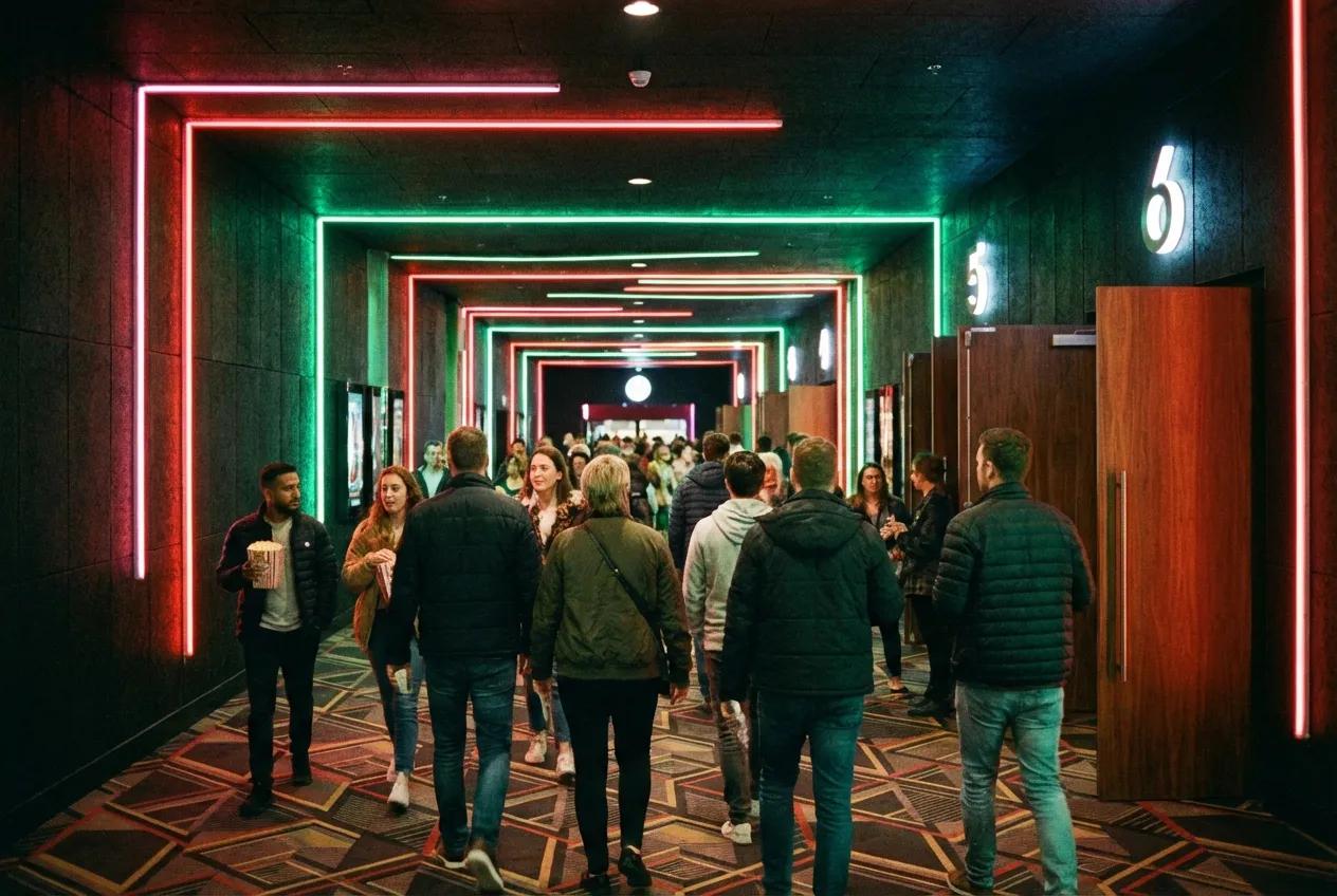 Moviegoers walking through a colorful theater hallway