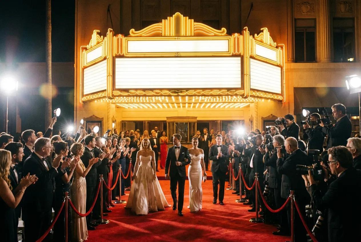 Red carpet film premiere with golden lighting